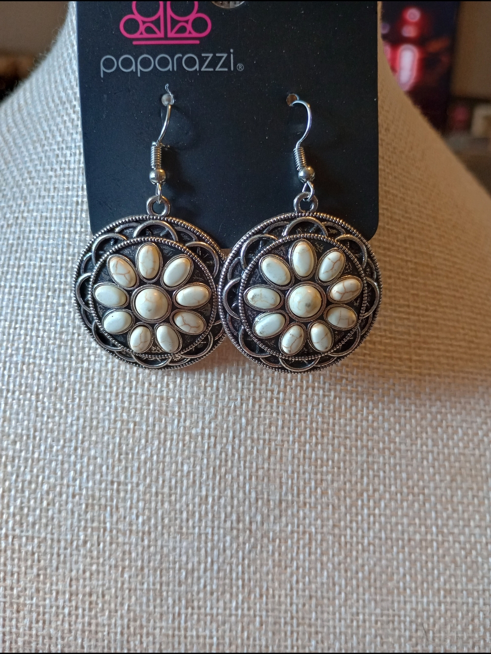 paparazzi Cream Stone Floral Medallion Drop Earrings